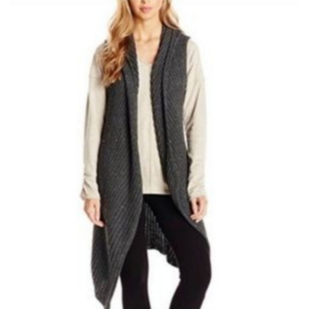 iRelax Heather Grey Sleeveless Ribbed Assymetric Hem Hooded Duster Sweater